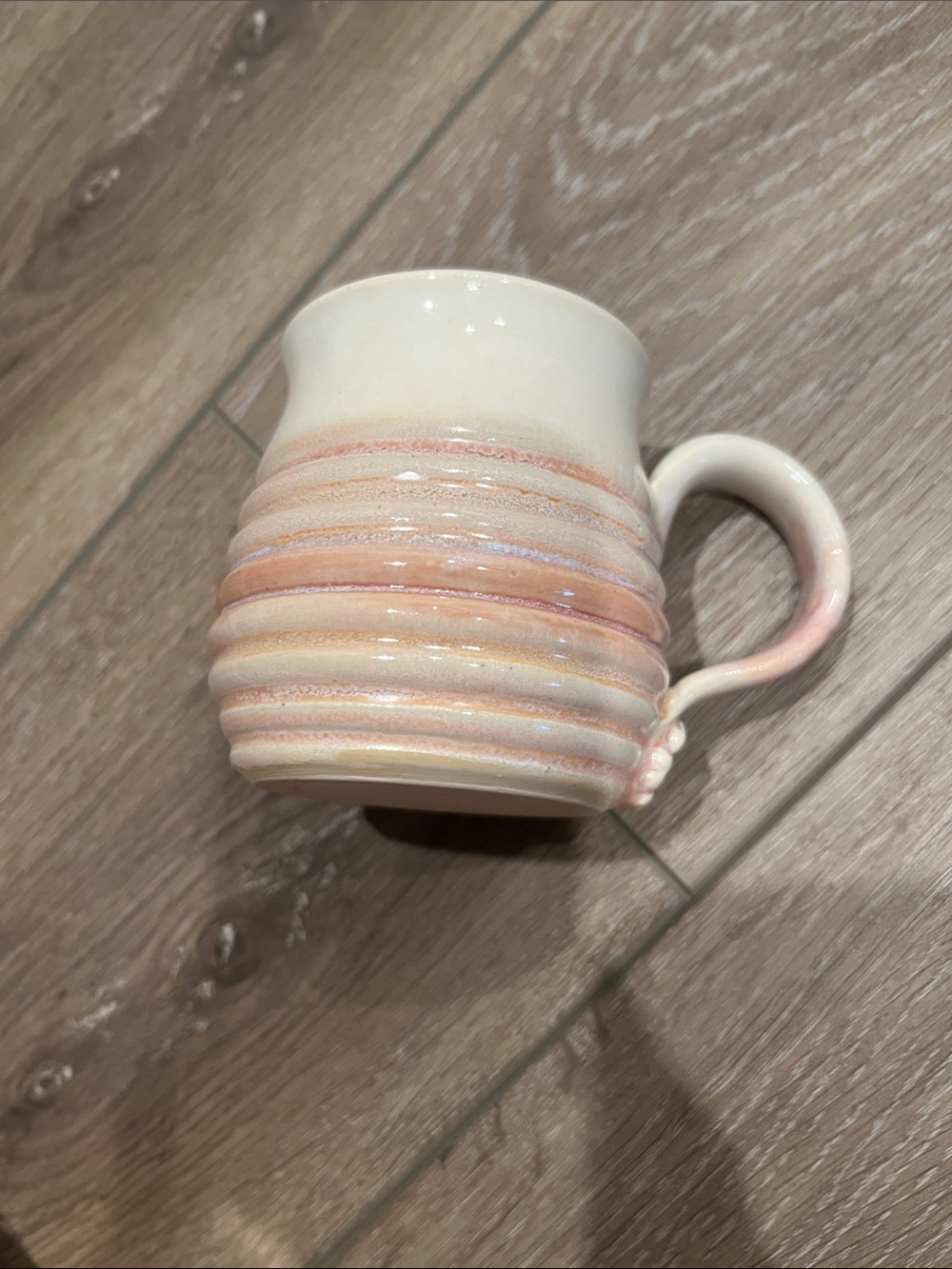 Handcrafted Cream and Pink Ribbed Ceramic Mug